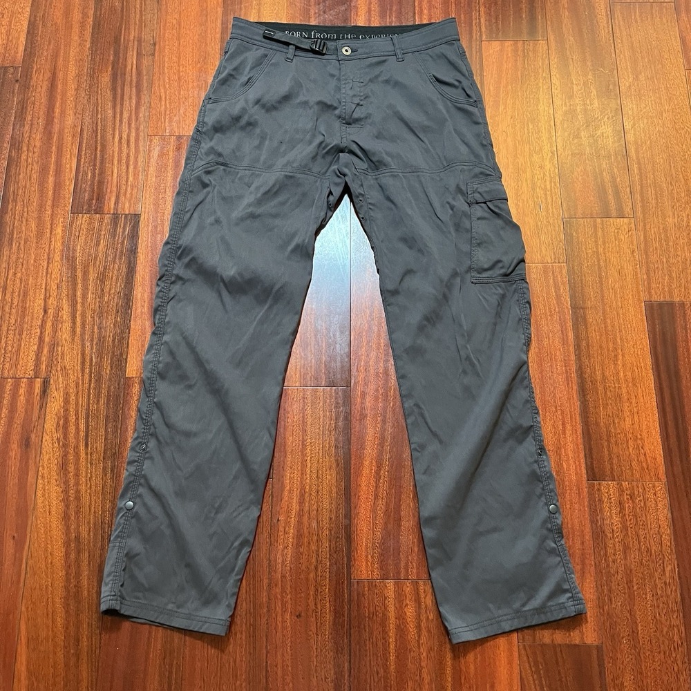 Prana Zion Pants Mens 32x32 Gray Belted Snap Hem Nylon Stretch Climbing Hiking